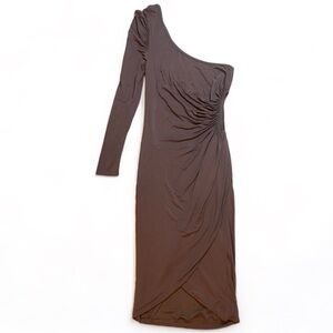 BEBE Kardashians Taupe Cutout Dress Cinched One Shoulder Goddess Wrap size Small